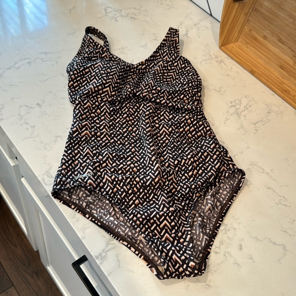 Speedo swim swimming bathing suit brown black swim class meet back to school